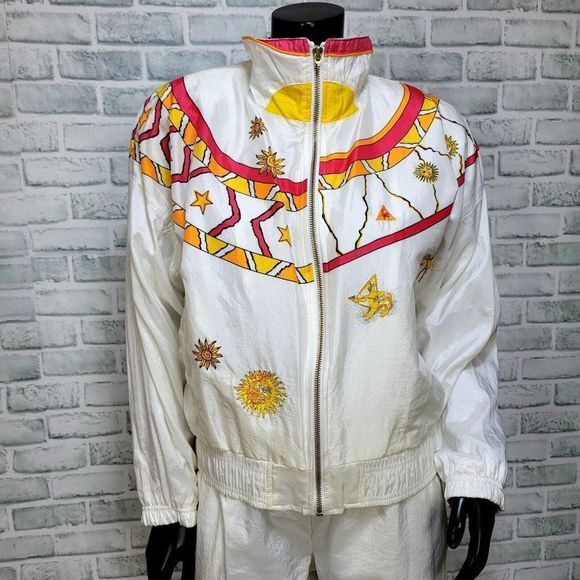 Vintage 90s Le Coq Sportif Size S Off White Zodiac Celestial Tracksuit Sun Stars - Picture 2 of 12